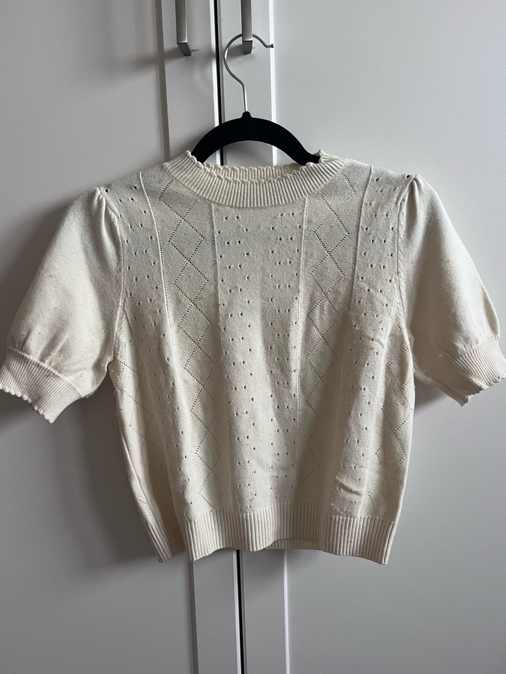 Frank And Oak Cream Pointelle Knit Puff Sleeve Crop Sweater Top XS Merino Wool
